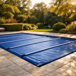 Bâche à barres bleue installée sur une piscine rectangulaire dans un jardin