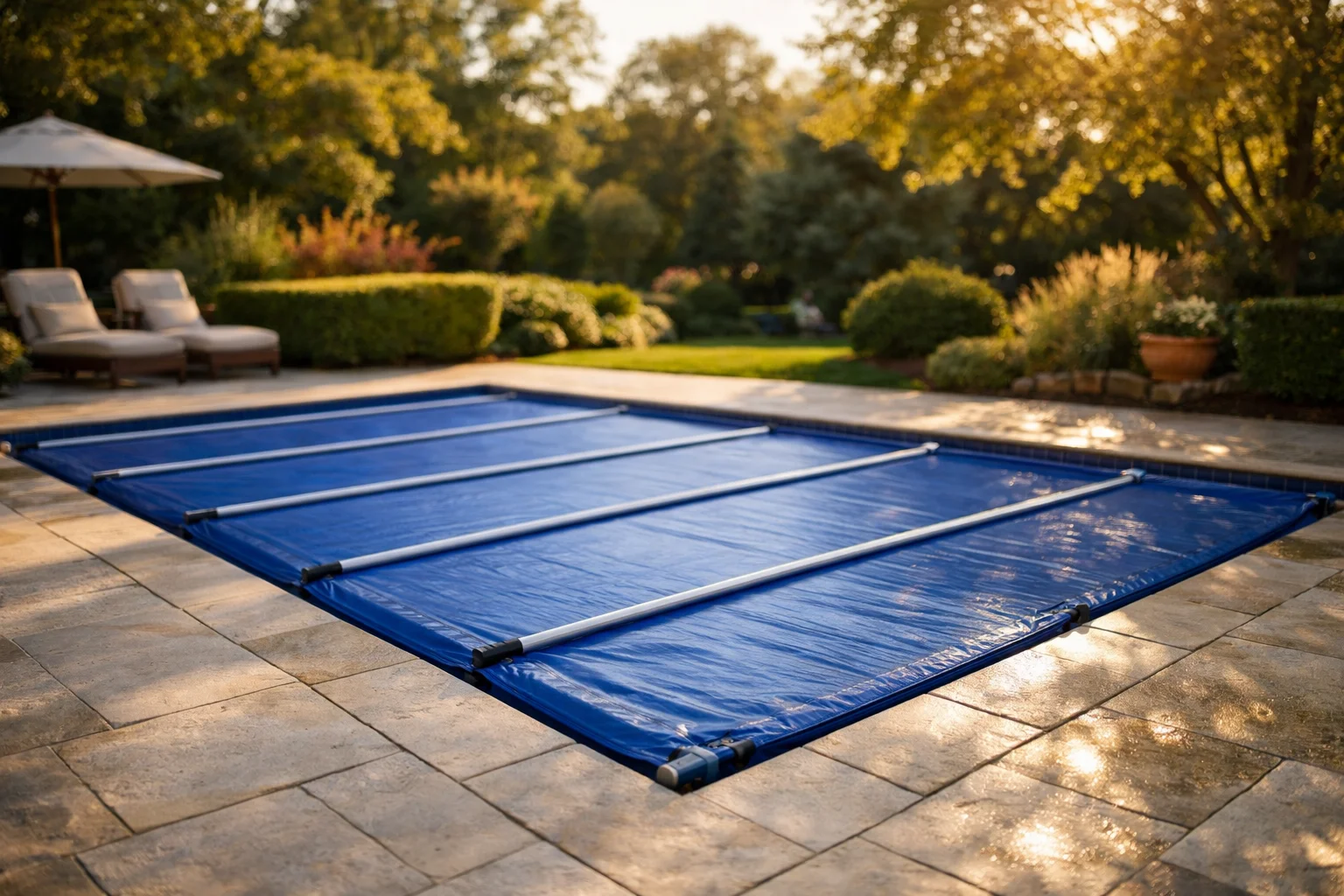 Bâche à barres bleue installée sur une piscine rectangulaire dans un jardin