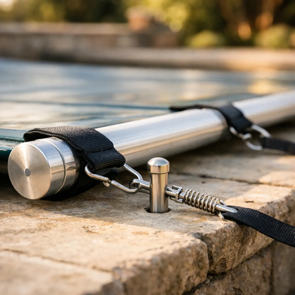 D&eacute;tail des barres aluminium et pitons d'ancrage d'une b&acirc;che de piscine