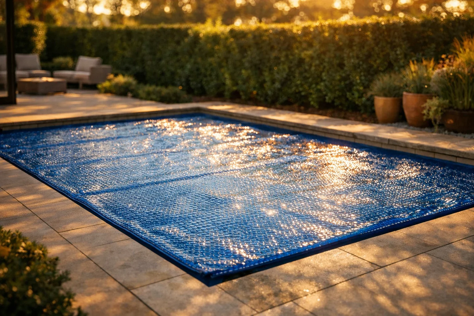 Bâche à bulles bleue posée sur une piscine rectangulaire 8 x 4 m dans un jardin résidentiel