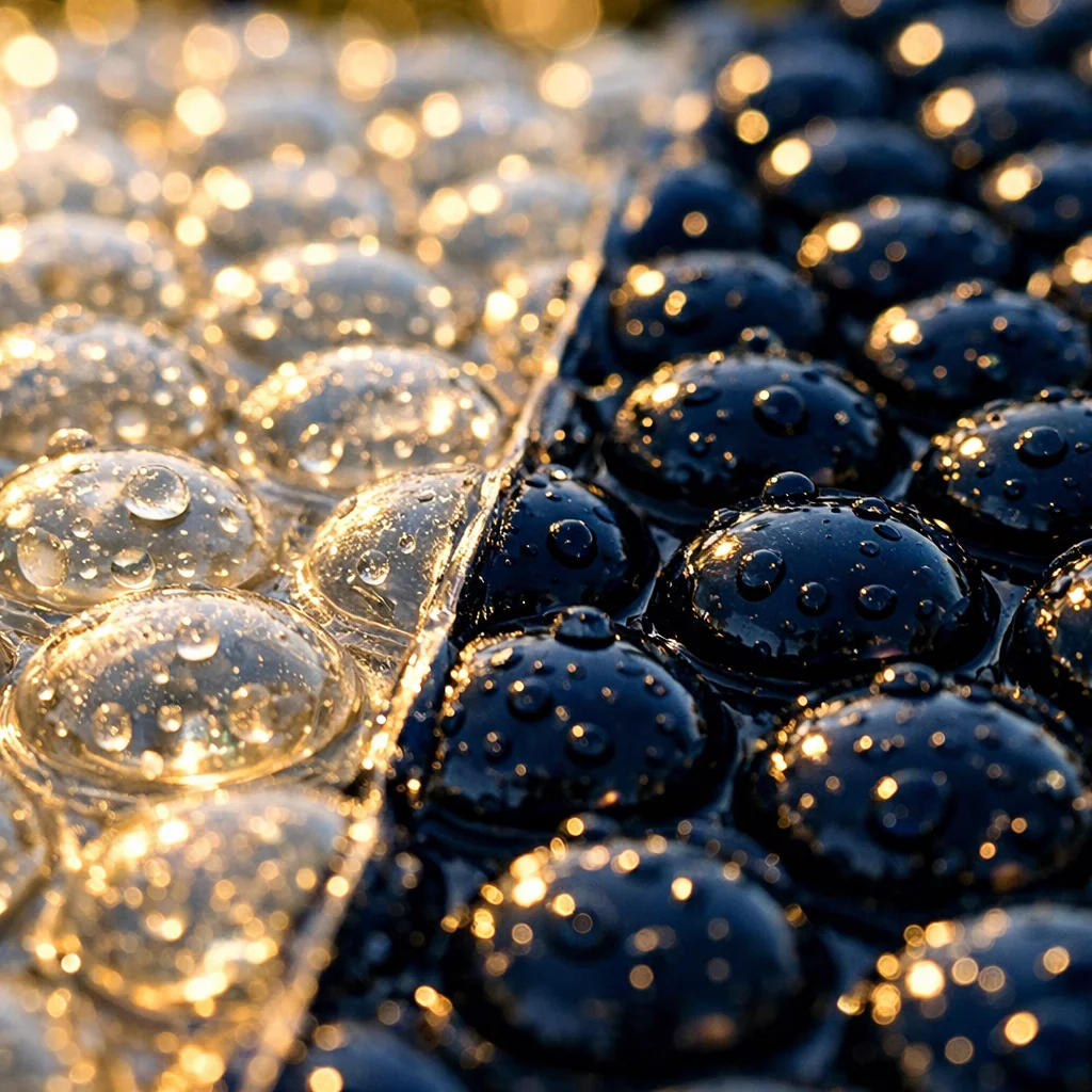 Gros plan sur les bulles d'une b&acirc;che solaire pour piscine, 400 et 500 microns compar&eacute;s