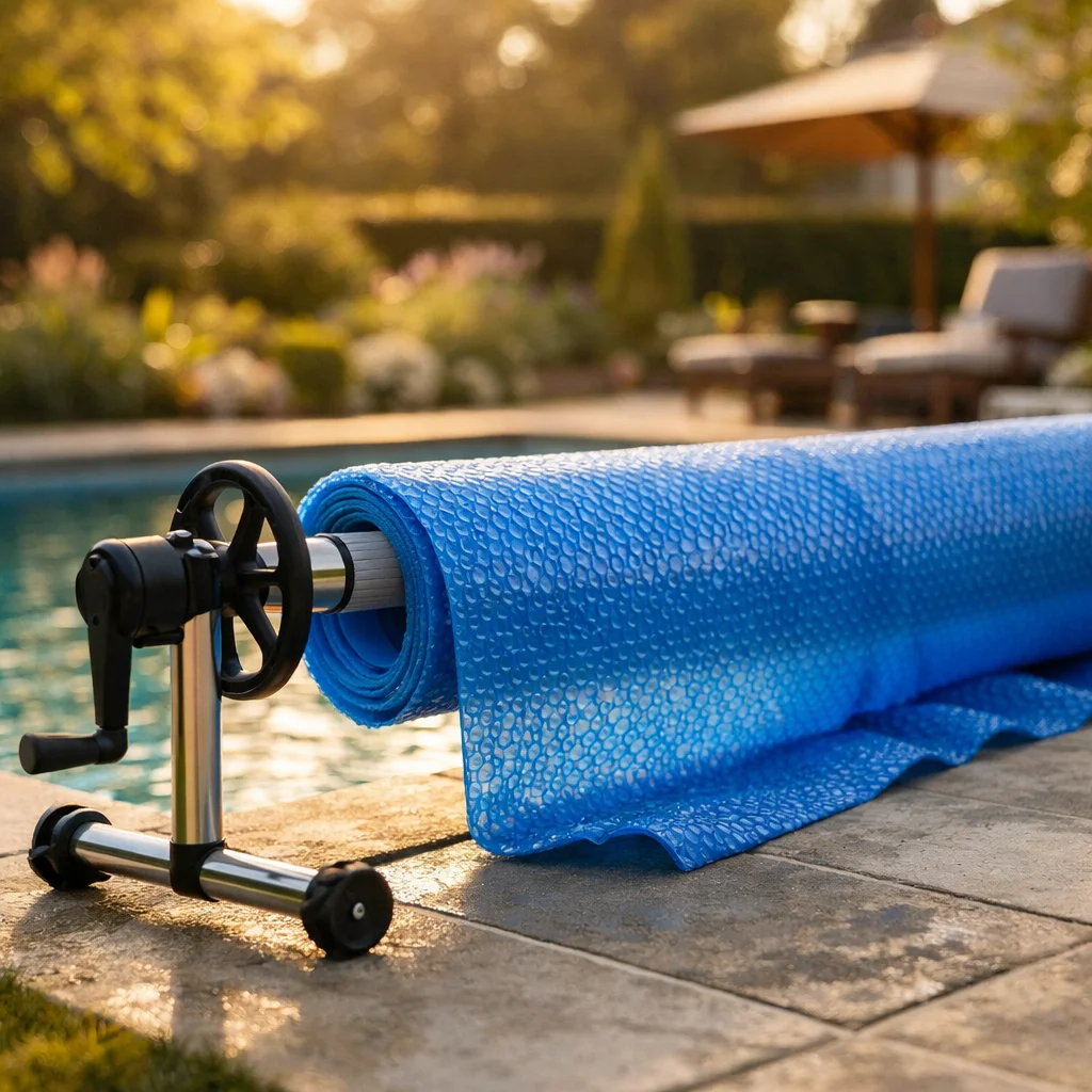 Enrouleur t&eacute;lescopique avec b&acirc;che &agrave; bulles en cours d'enroulement sur piscine 8 x 4 m