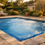 Bâche chauffante à bulles posée sur une piscine enterrée en été