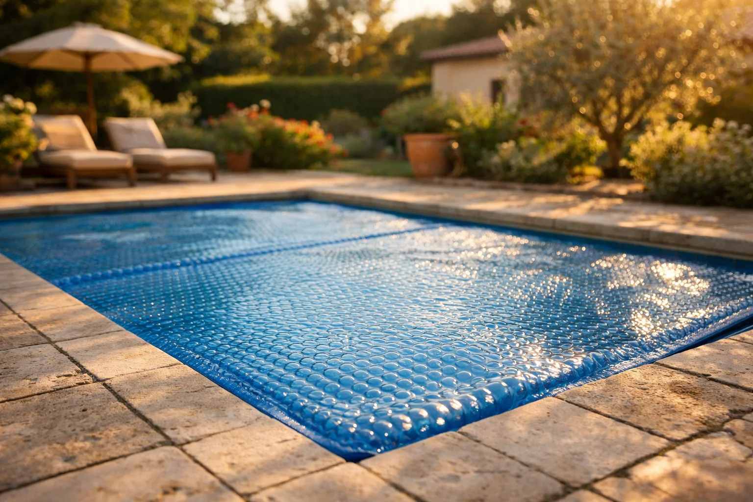 Bâche chauffante à bulles posée sur une piscine enterrée en été