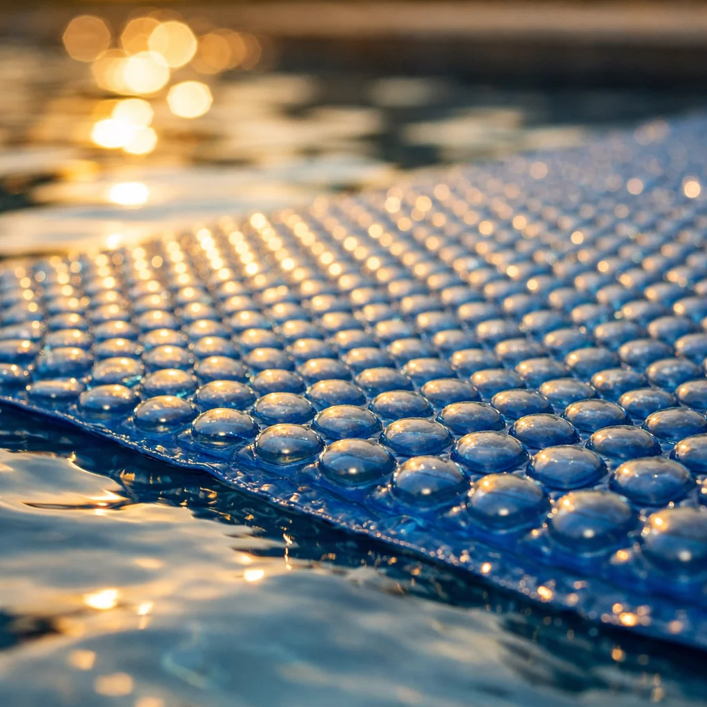 Gros plan sur les bulles d'air d'une b&acirc;che solaire de piscine