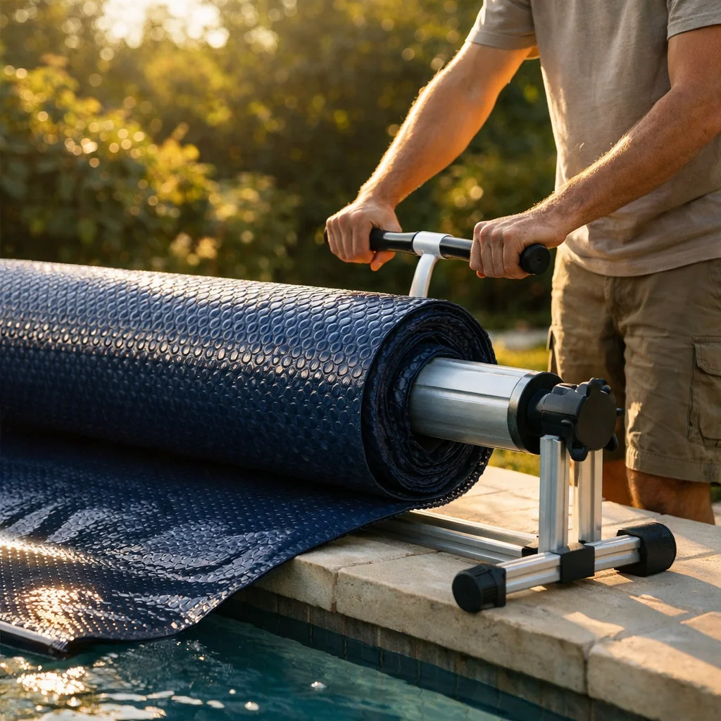 Enroulement d'une b&acirc;che chauffante bleue sur enrouleur de piscine