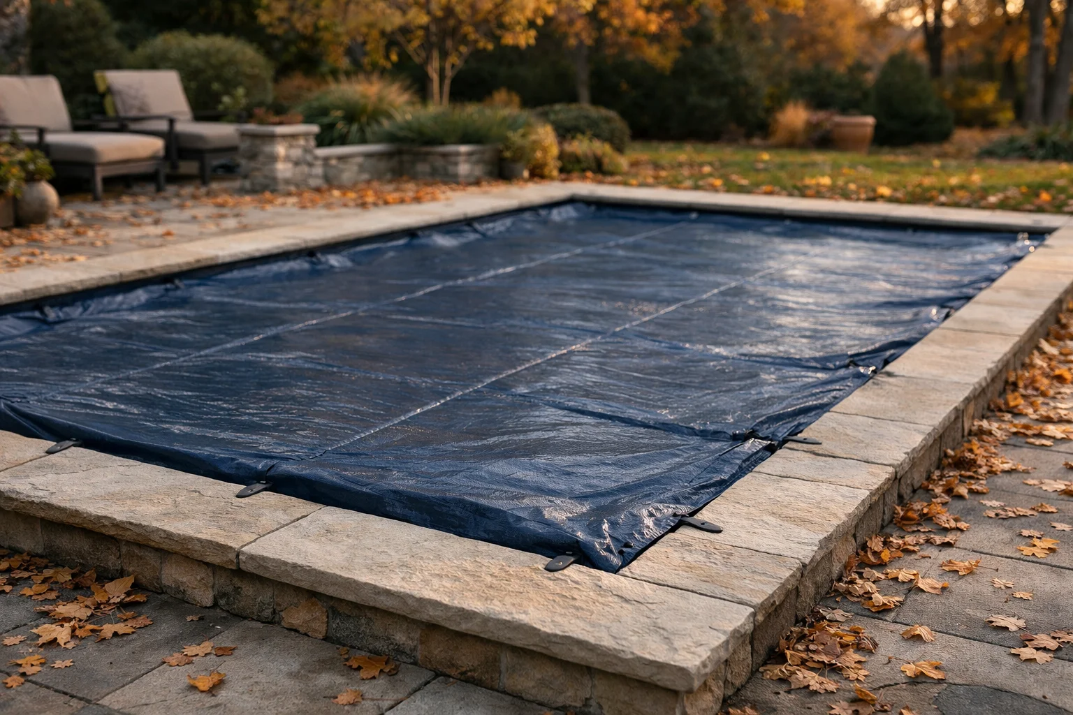 Bâche hivernage bleue installée sur une piscine rectangulaire 8x4 entourée de margelles