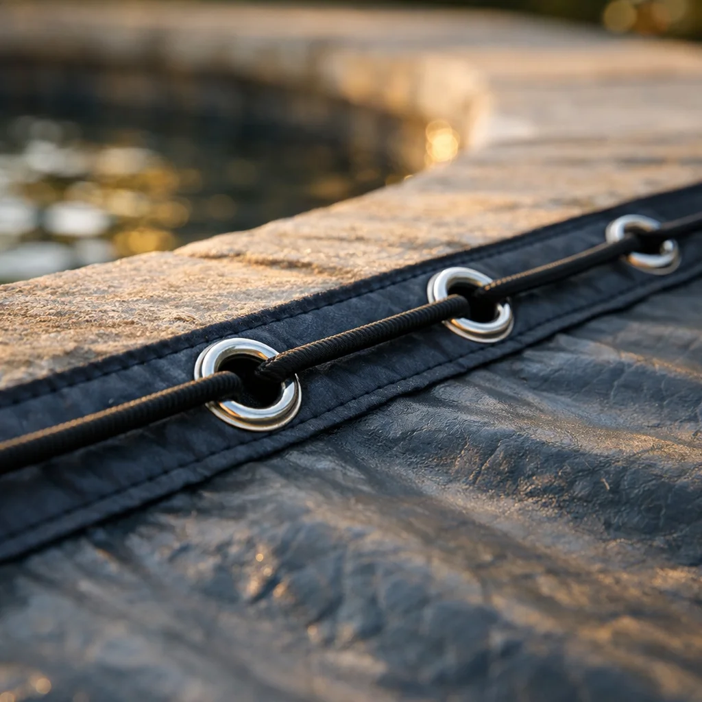 &OElig;illets inox espac&eacute;s de 25 cm sur l'ourlet renforc&eacute; d'une b&acirc;che hivernage piscine