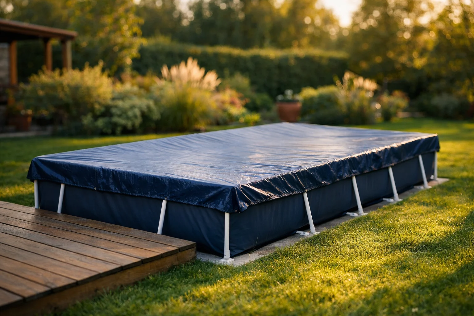 Bâche de protection bleue tendue sur une piscine rectangulaire hors sol Bestway dans un jardin