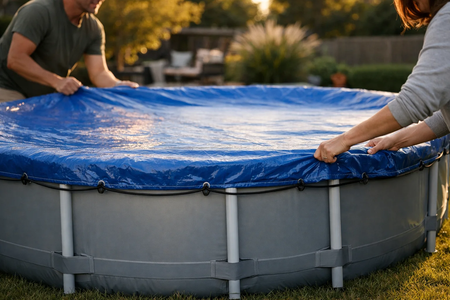 Pose d'une bâche d'hivernage sur piscine tubulaire Intex ronde dans un jardin
