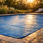 Bâche solaire bleue couvrant une piscine enterrée dans un jardin ensoleillé