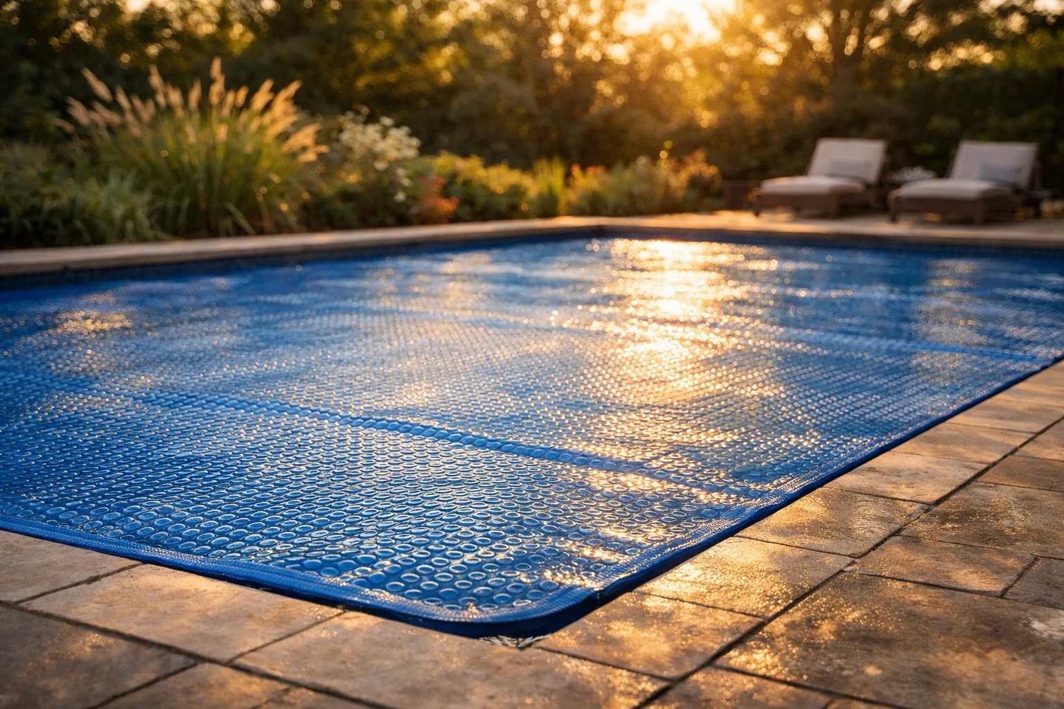 Bâche solaire bleue couvrant une piscine enterrée dans un jardin ensoleillé