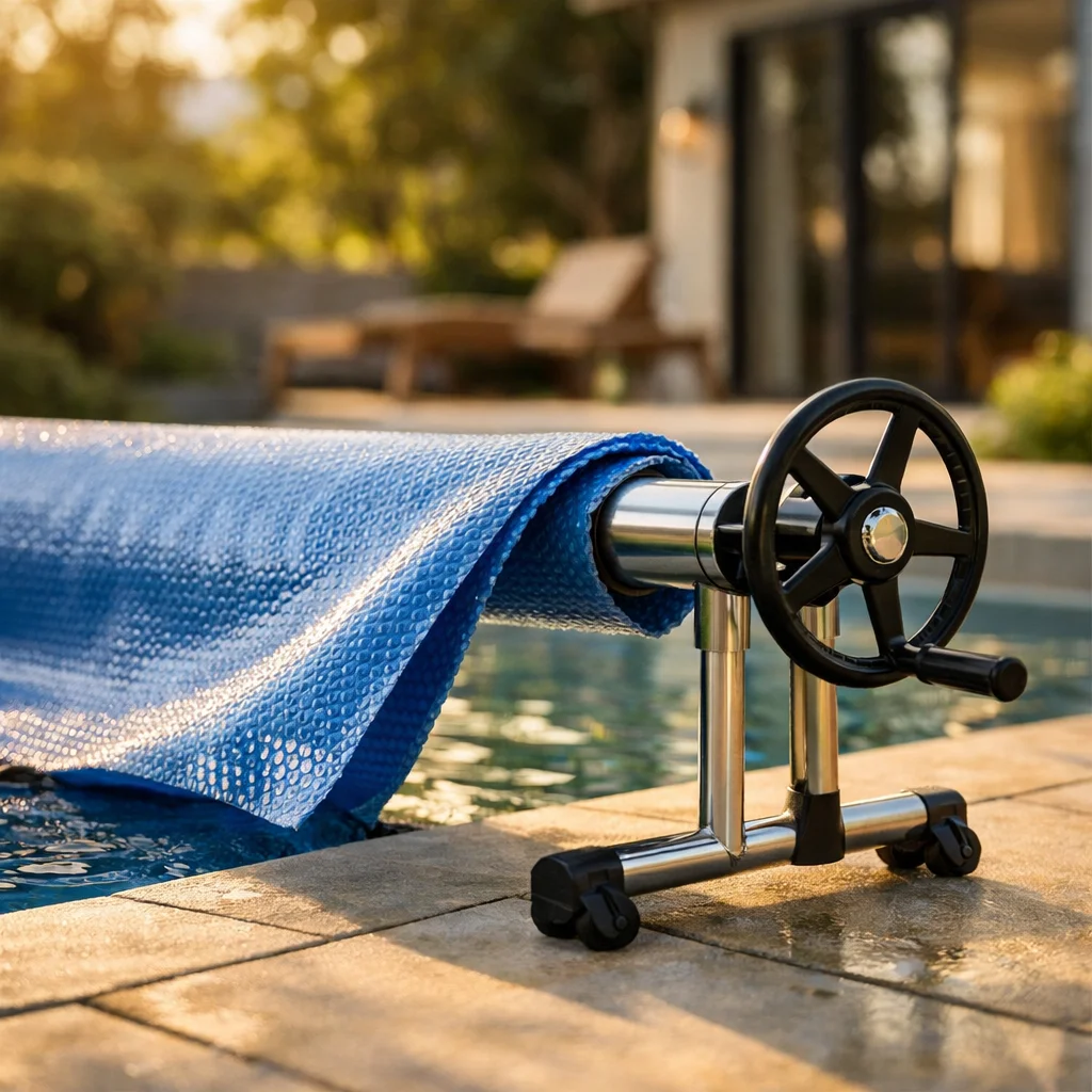 Enrouleur manuel de b&acirc;che solaire pos&eacute; en bord de piscine enterr&eacute;e