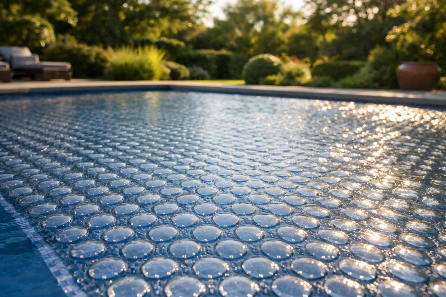 Bâche à bulles posée dans le bon sens sur une piscine enterrée bleue