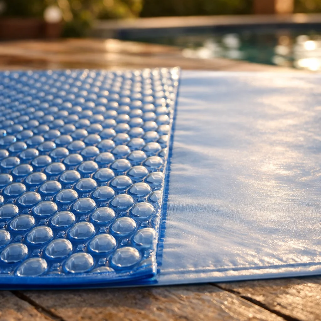 Comparaison face lisse et face &agrave; bulles d'une b&acirc;che de piscine solaire