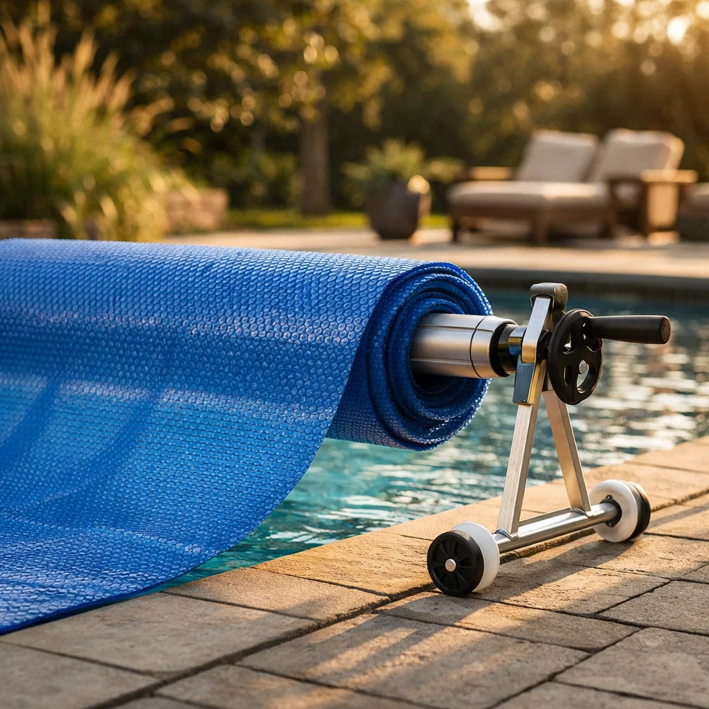 Enrouleur aluminium pour b&acirc;che &agrave; bulles de piscine au bord d'un bassin