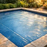 Bâche à bulles 500 microns translucide couvrant une piscine enterrée en été