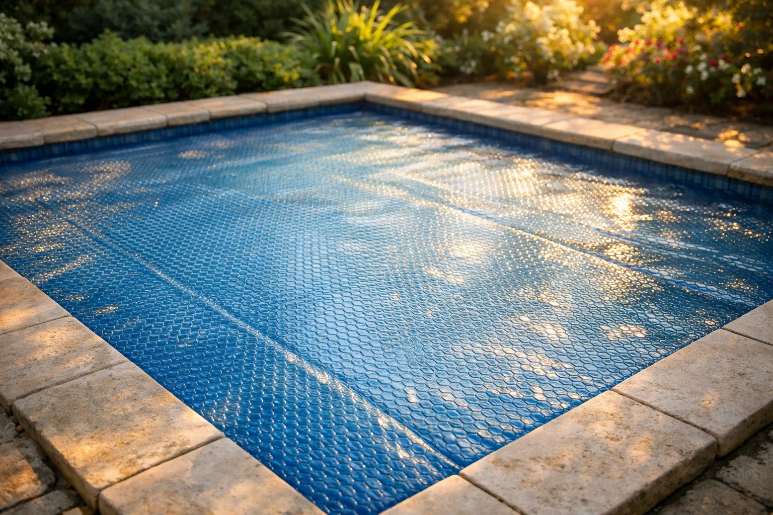 Bâche à bulles 500 microns translucide couvrant une piscine enterrée en été
