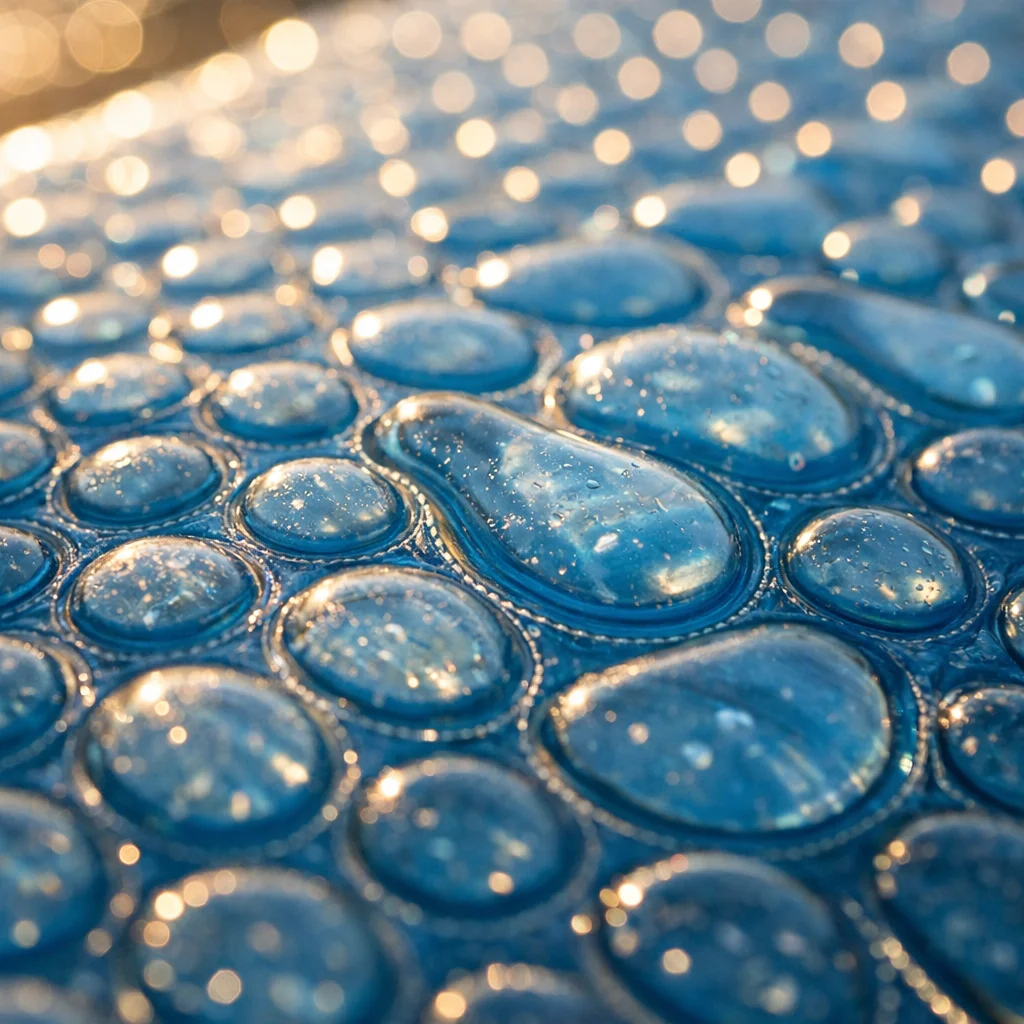 Gros plan sur les bulles d'une b&acirc;che &agrave; bulles piscine 500 microns en poly&eacute;thyl&egrave;ne