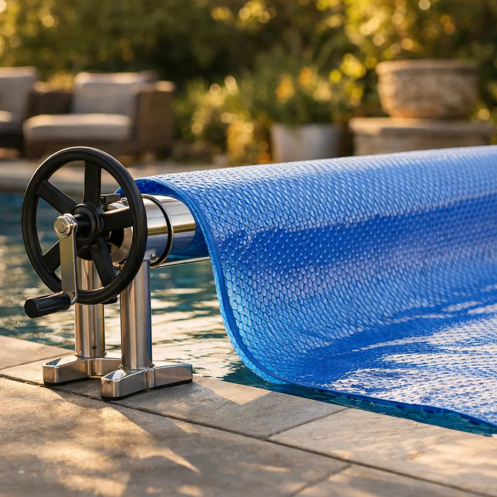 Enrouleur piscine d&eacute;ployant une b&acirc;che &agrave; bulles 500 microns sur bassin ext&eacute;rieur