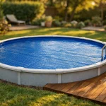 Bâche à bulles bleue sur une piscine ronde hors-sol dans un jardin