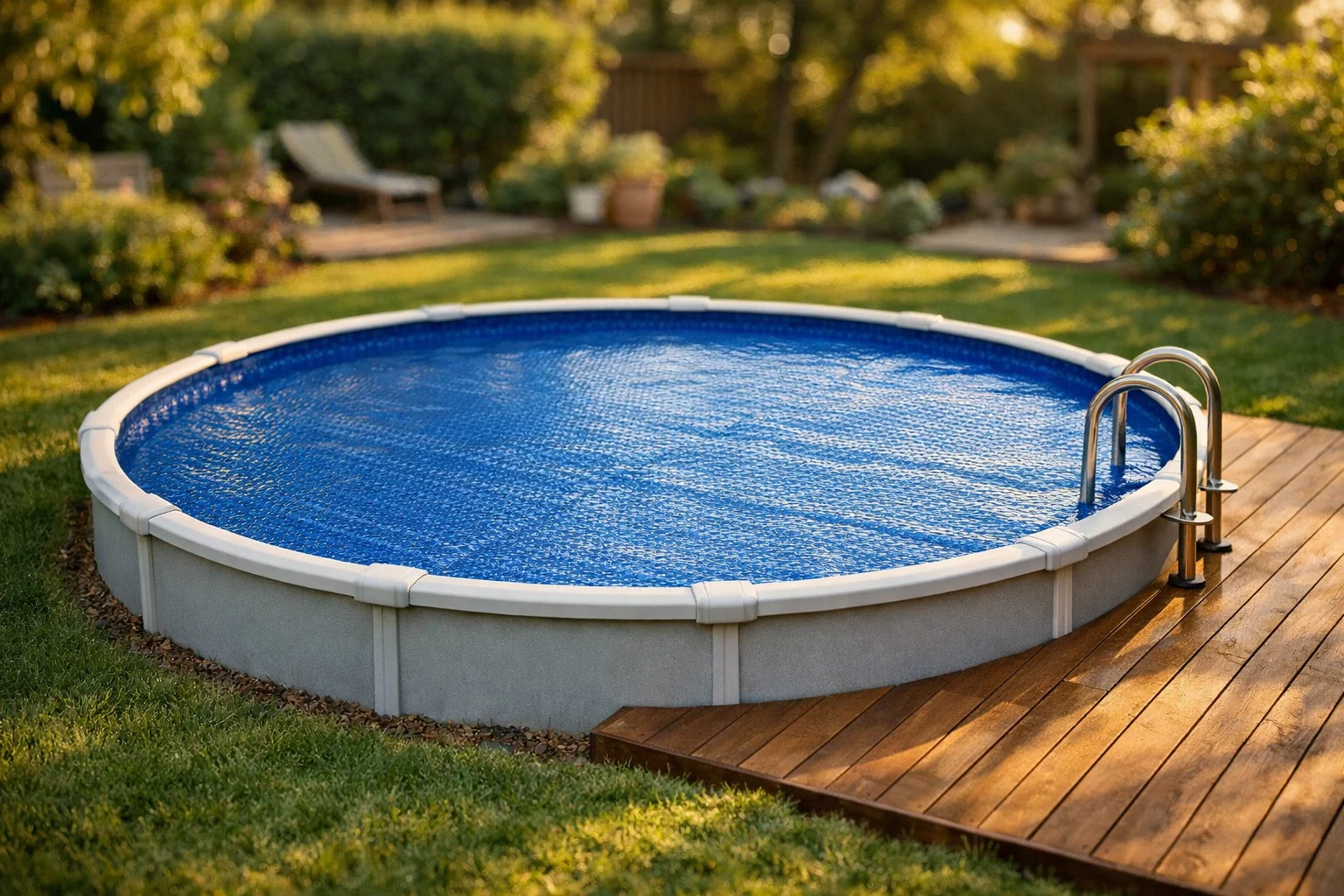 Bâche à bulles bleue sur une piscine ronde hors-sol dans un jardin