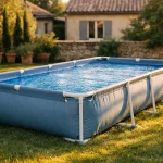 Bâche à bulles translucide posée sur une piscine tubulaire rectangulaire