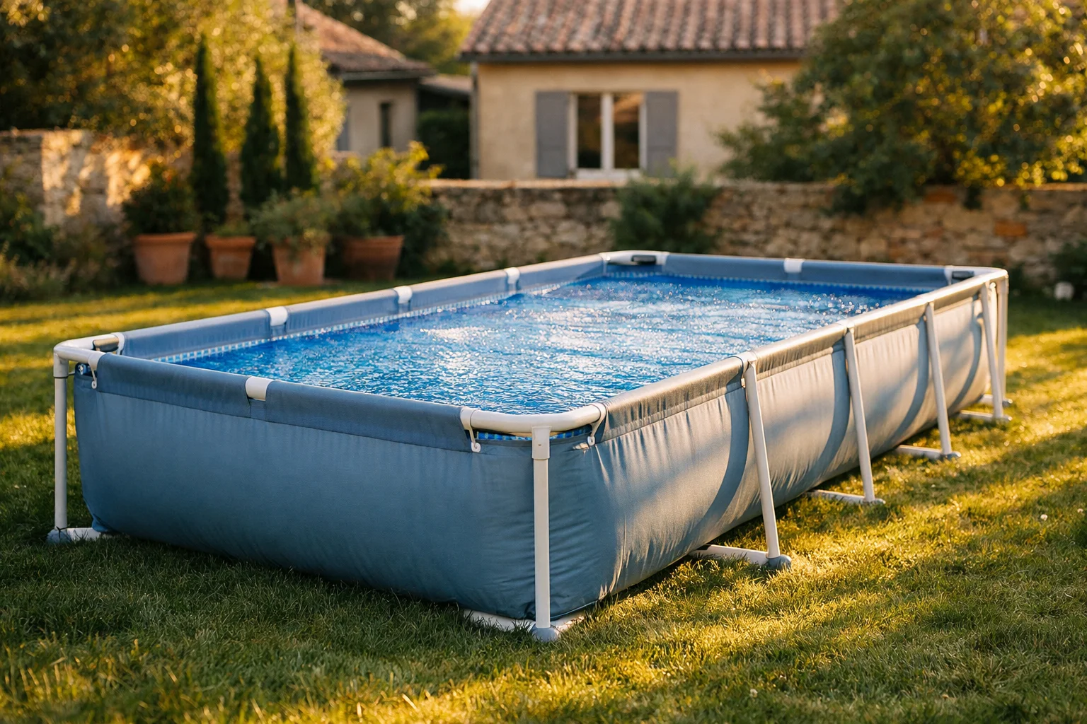 Bâche à bulles translucide posée sur une piscine tubulaire rectangulaire