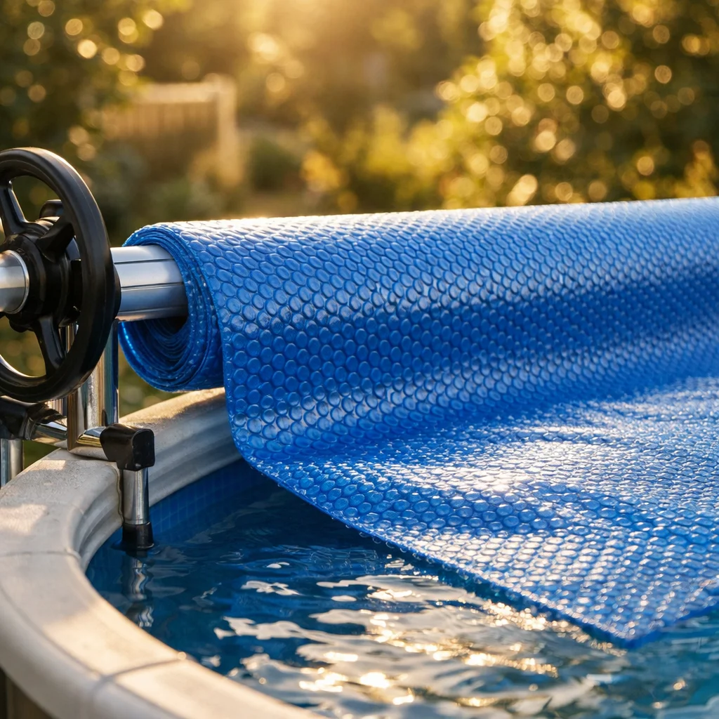 Enrouleur manuel d&eacute;roulant une b&acirc;che &agrave; bulles sur une piscine hors-sol