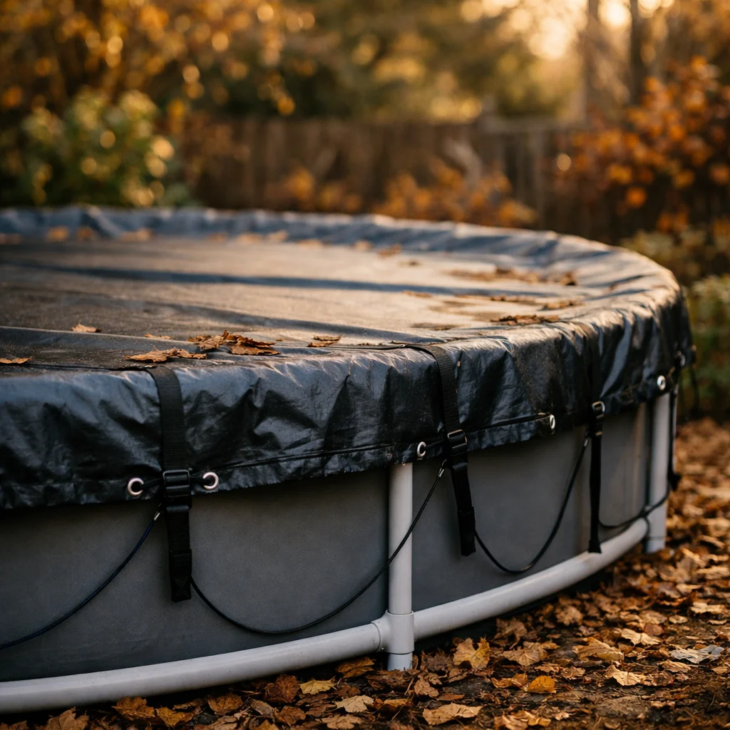 B&acirc;che d'hivernage opaque fix&eacute;e par tendeurs sur une piscine tubulaire