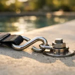 Crochet en S inox fixé sur sangle de bâche à barres piscine