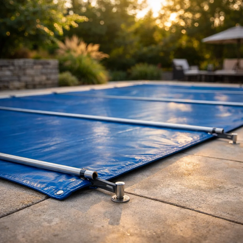 Bâche à barres bleue tendue sur piscine rectangulaire avec pitons inox en dalle béton