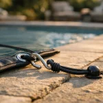 Élastiques de fixation tendeurs sur bâche de piscine enterrée en pierre