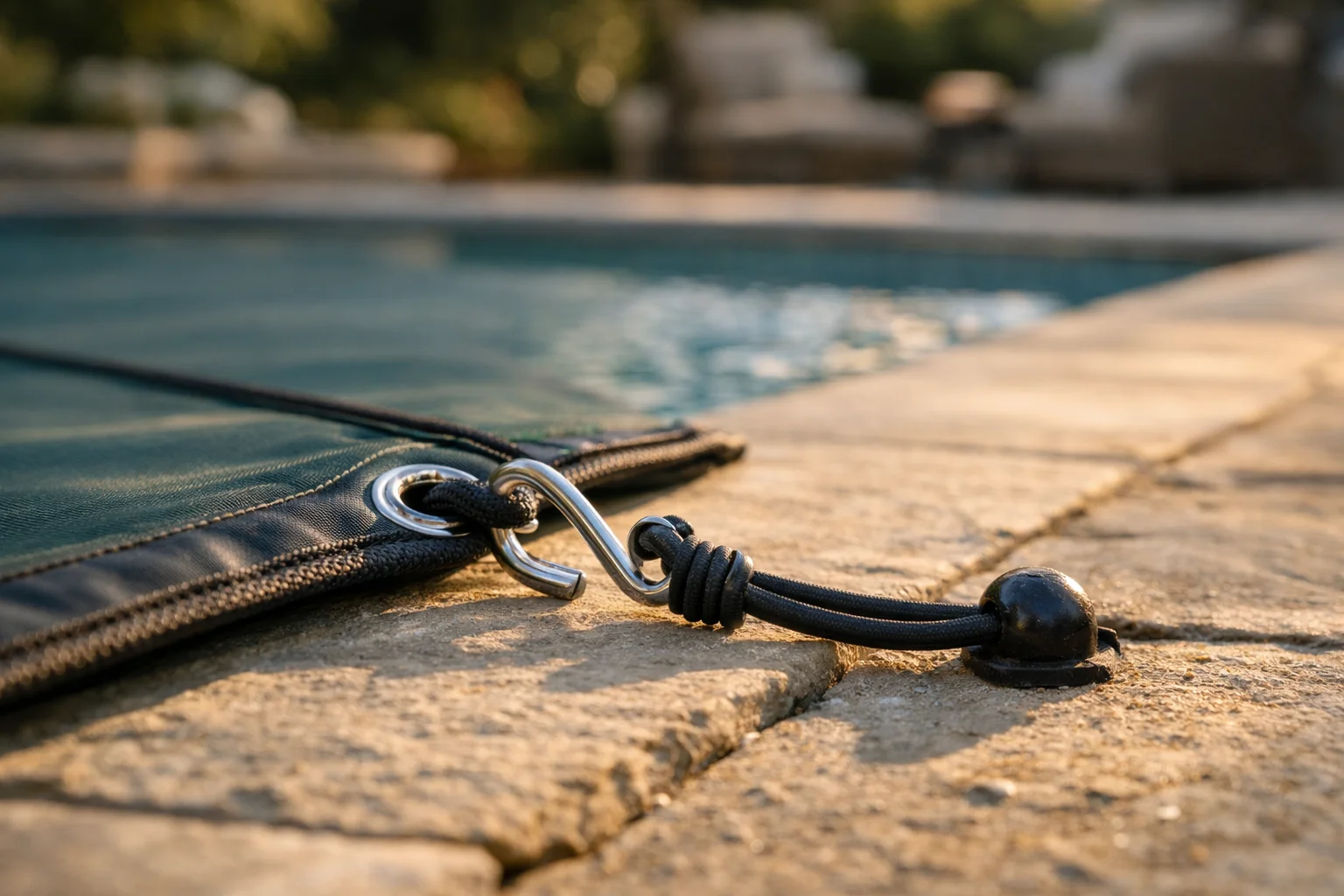 Élastiques de fixation tendeurs sur bâche de piscine enterrée en pierre