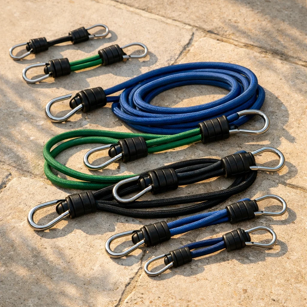 Diff&eacute;rents types de sandows et &eacute;lastiques pour b&acirc;che piscine dispos&eacute;s sur dallage