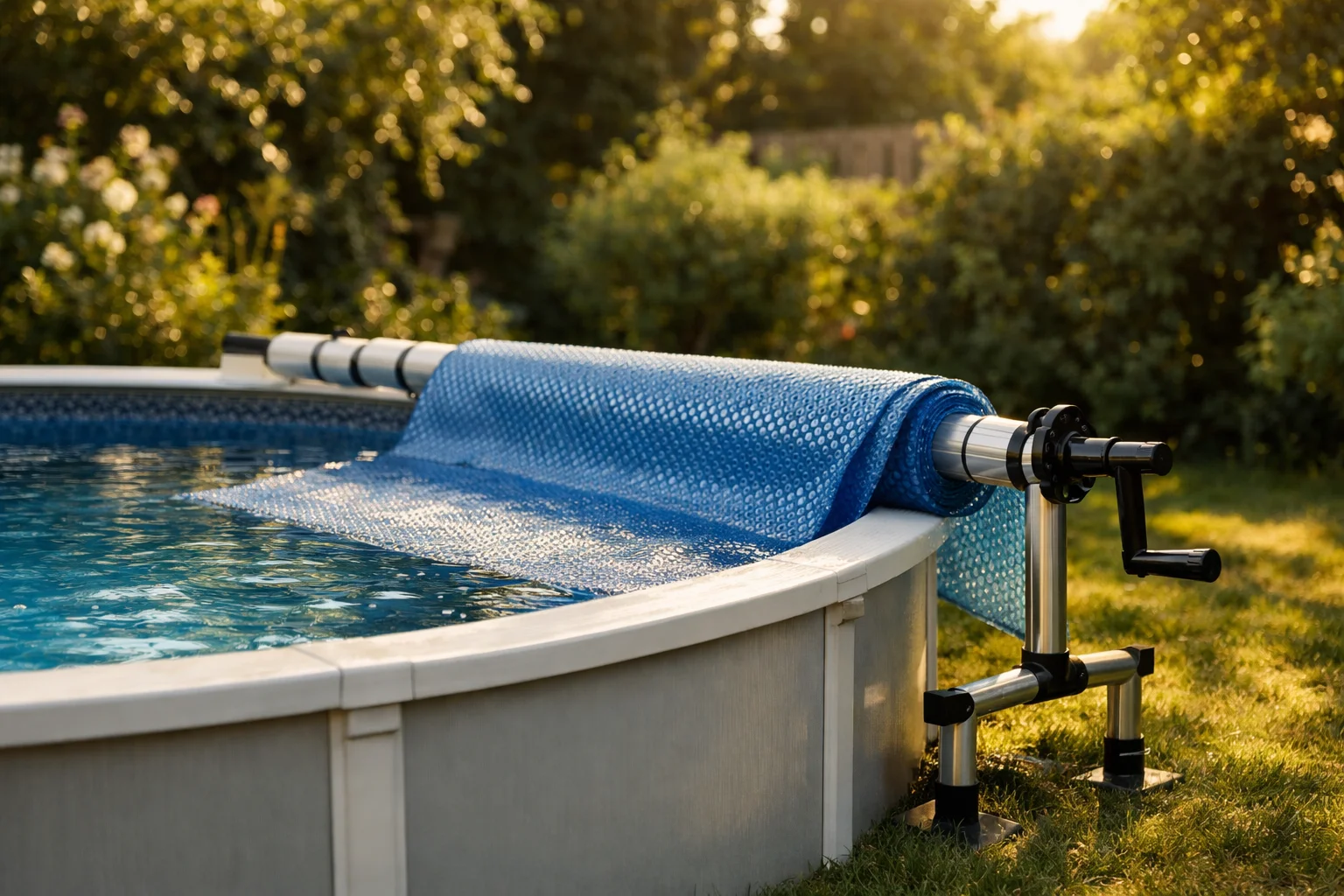 Enrouleur bâche à bulles positionné sur une piscine hors sol ronde en aluminium