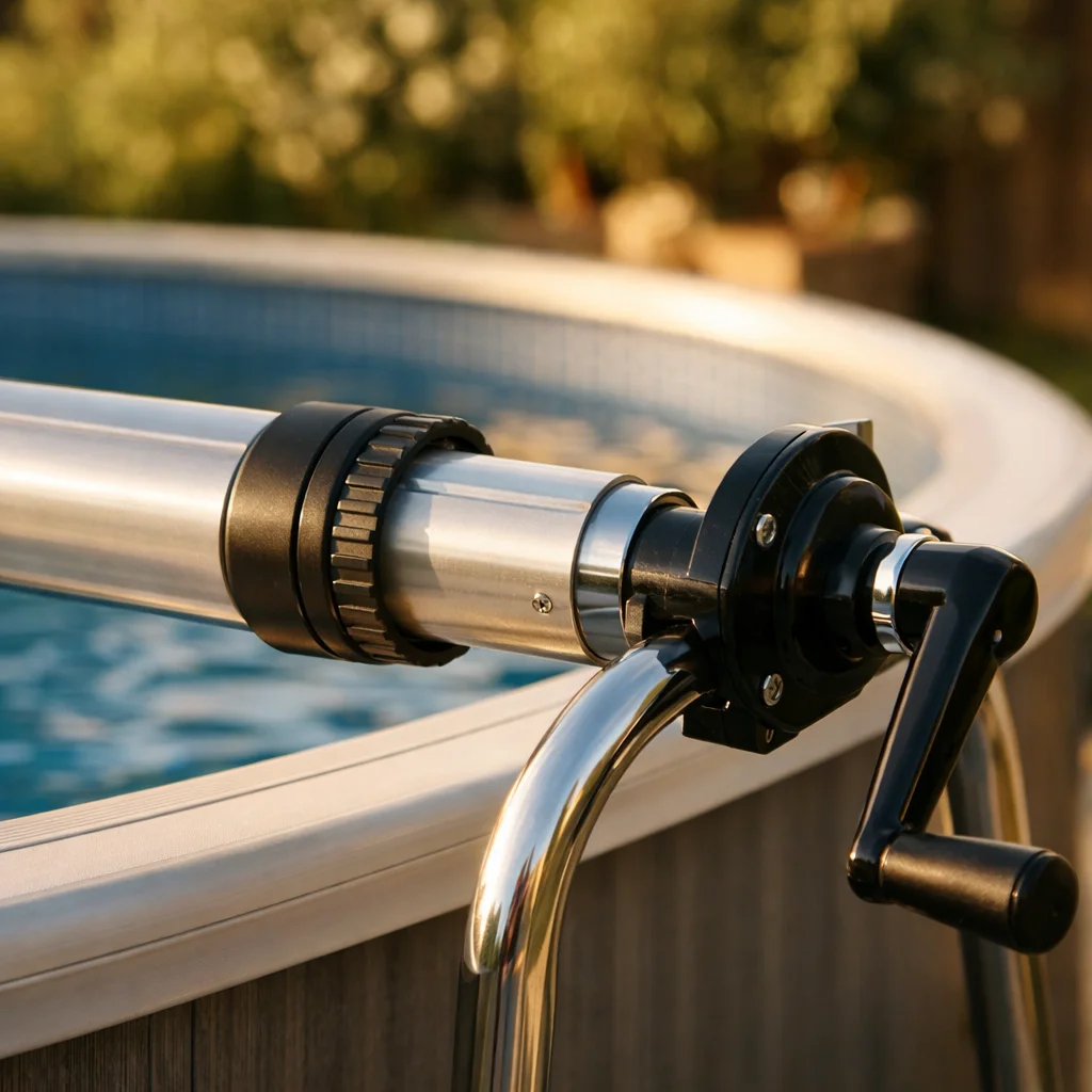 Gros plan sur le tube et la manivelle d'un enrouleur de b&acirc;che piscine hors sol