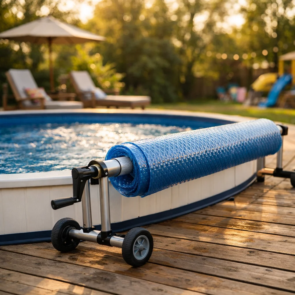 Enrouleur avec roues sur terrasse bois &agrave; c&ocirc;t&eacute; d'une piscine hors sol ronde