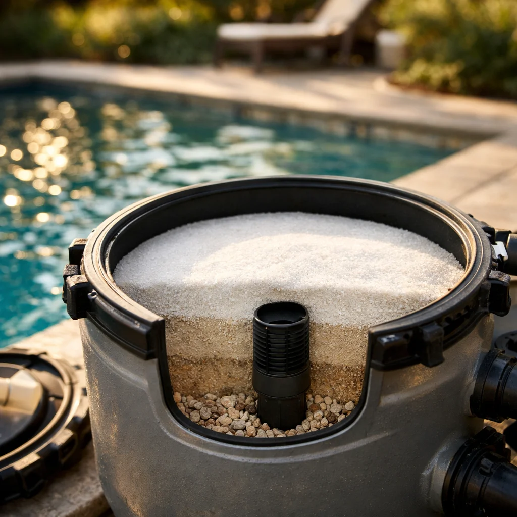 Cuve de filtre &agrave; sable ouverte montrant le m&eacute;dia filtrant int&eacute;rieur