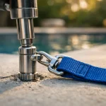 Fixation piton inox pour bâche piscine installée sur plage béton