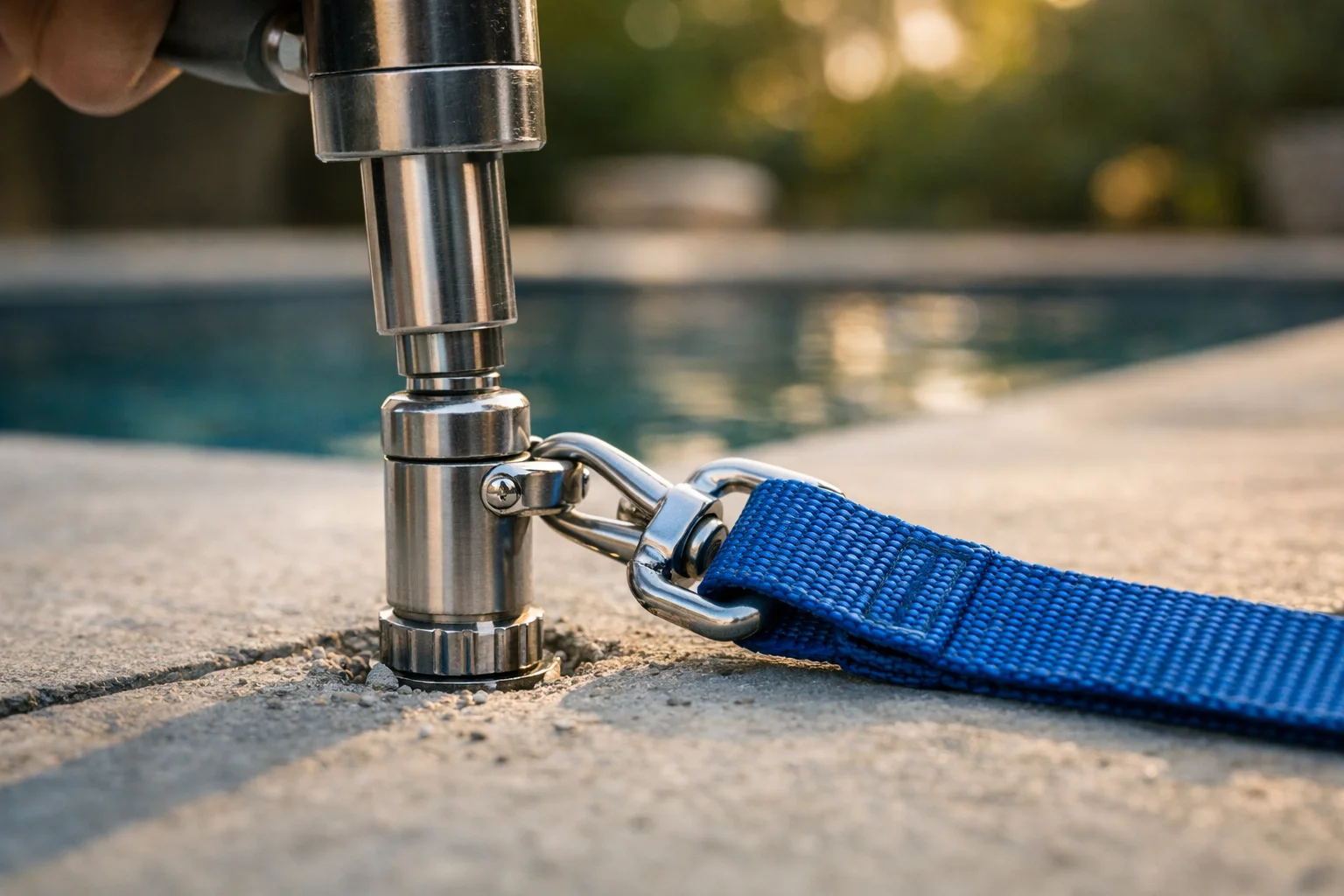 Fixation piton inox pour bâche piscine installée sur plage béton