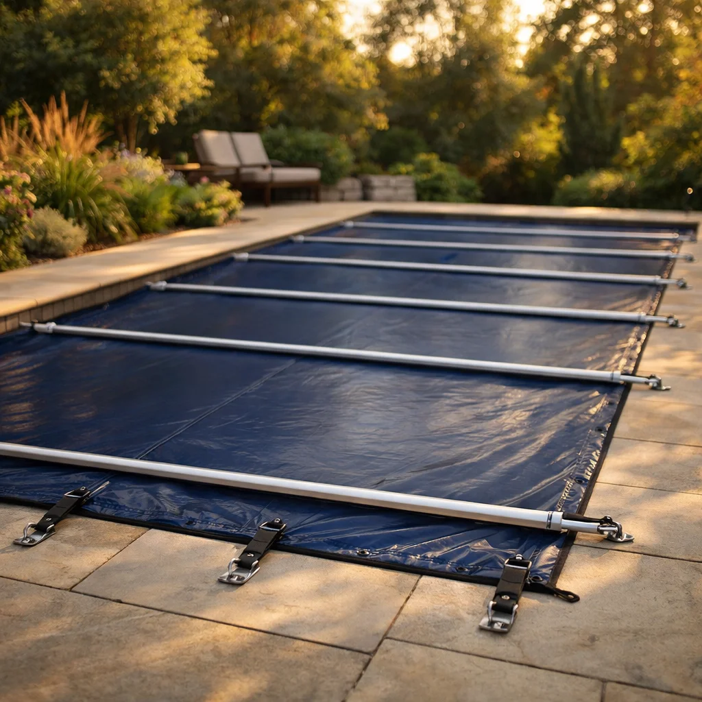 B&acirc;che &agrave; barres bleu marine tendue sur piscine rectangulaire avec sangles de fixation