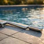 Manivelle inox pour bâche à barres posée au bord d'une piscine