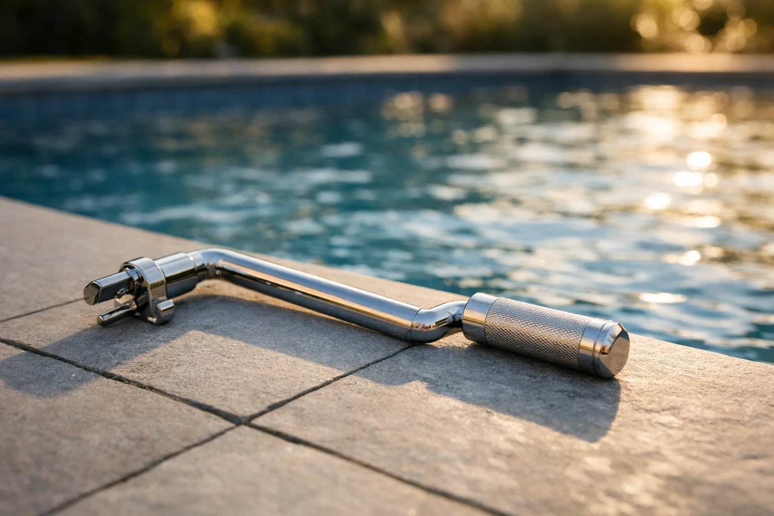 Manivelle inox pour bâche à barres posée au bord d'une piscine