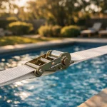 Sangle de soutien avec cliquet installée sous une bâche de piscine