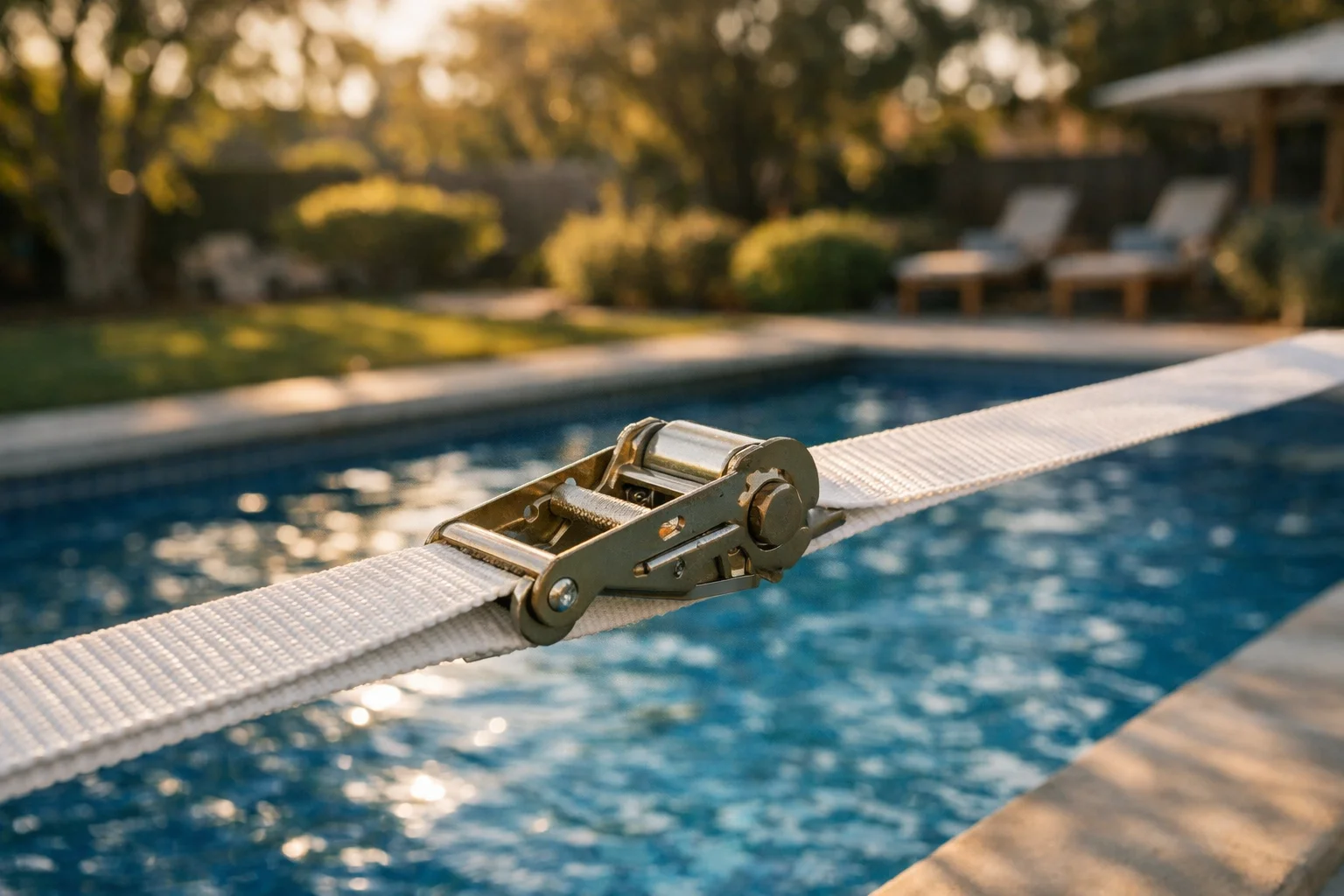 Sangle de soutien avec cliquet installée sous une bâche de piscine