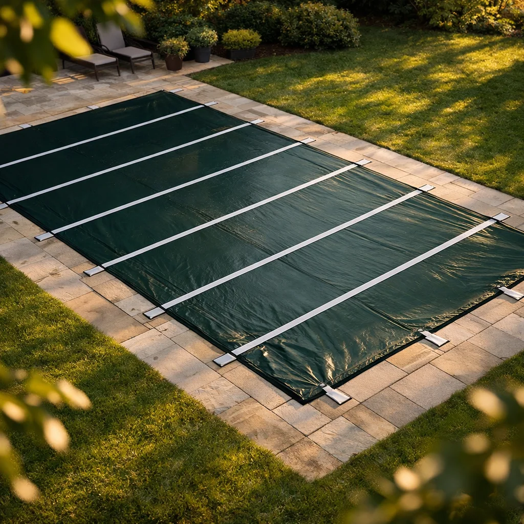 B&acirc;che d'hiver de piscine maintenue par plusieurs sangles de soutien transversales