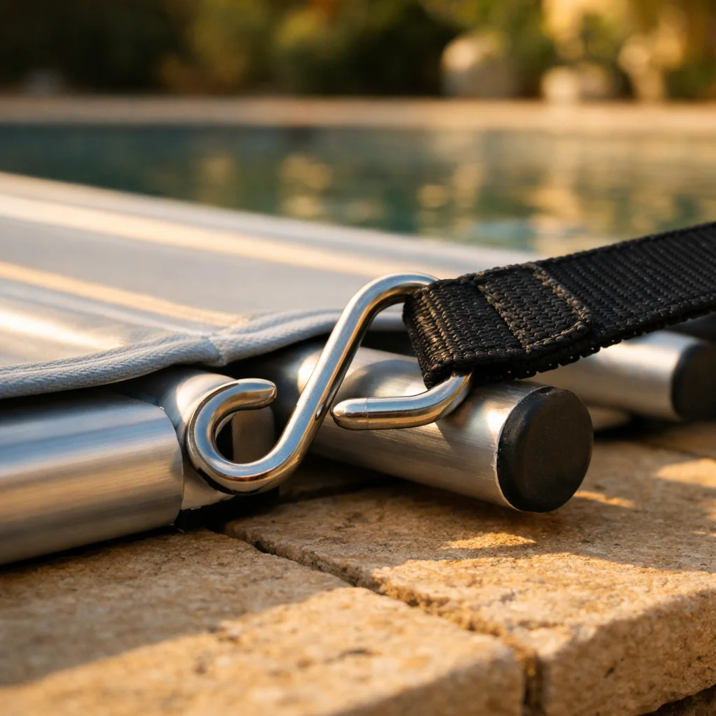 Crochet S inox fix&eacute; sur une sangle anti-soul&egrave;vement de b&acirc;che &agrave; barres piscine