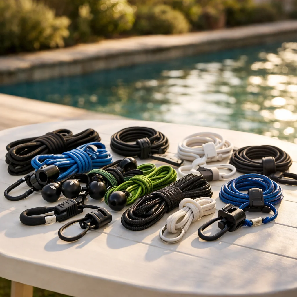Lot de sandows et tendeurs pour bâche piscine posés sur table de jardin