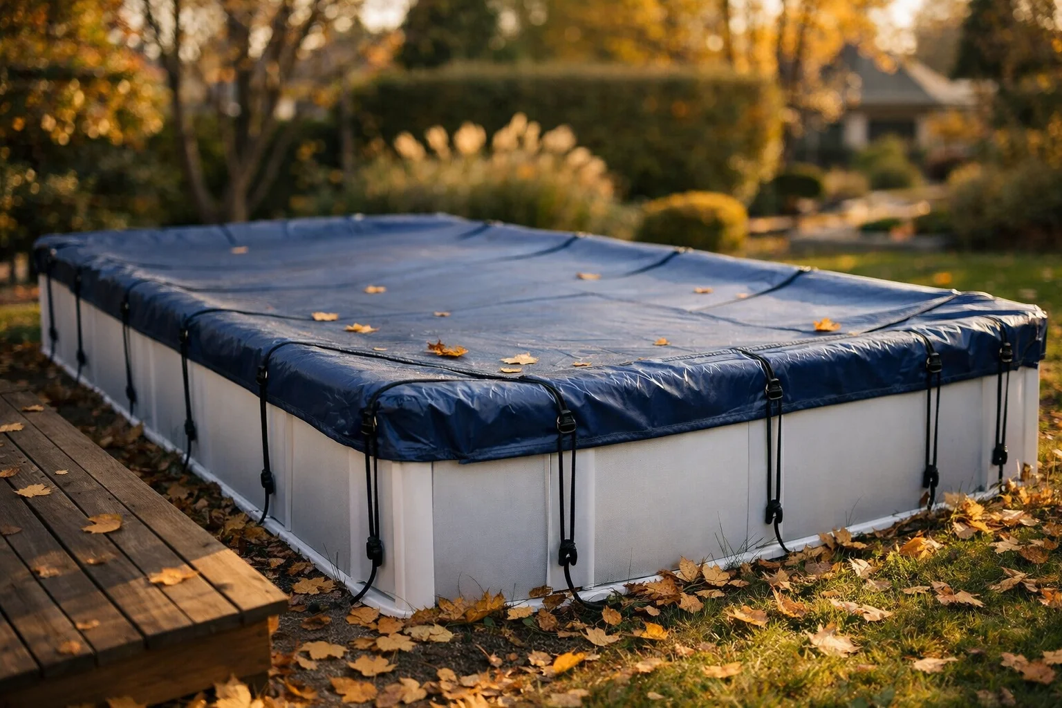 Bâche d'hivernage bleue tendue sur piscine hors sol dans jardin automnal
